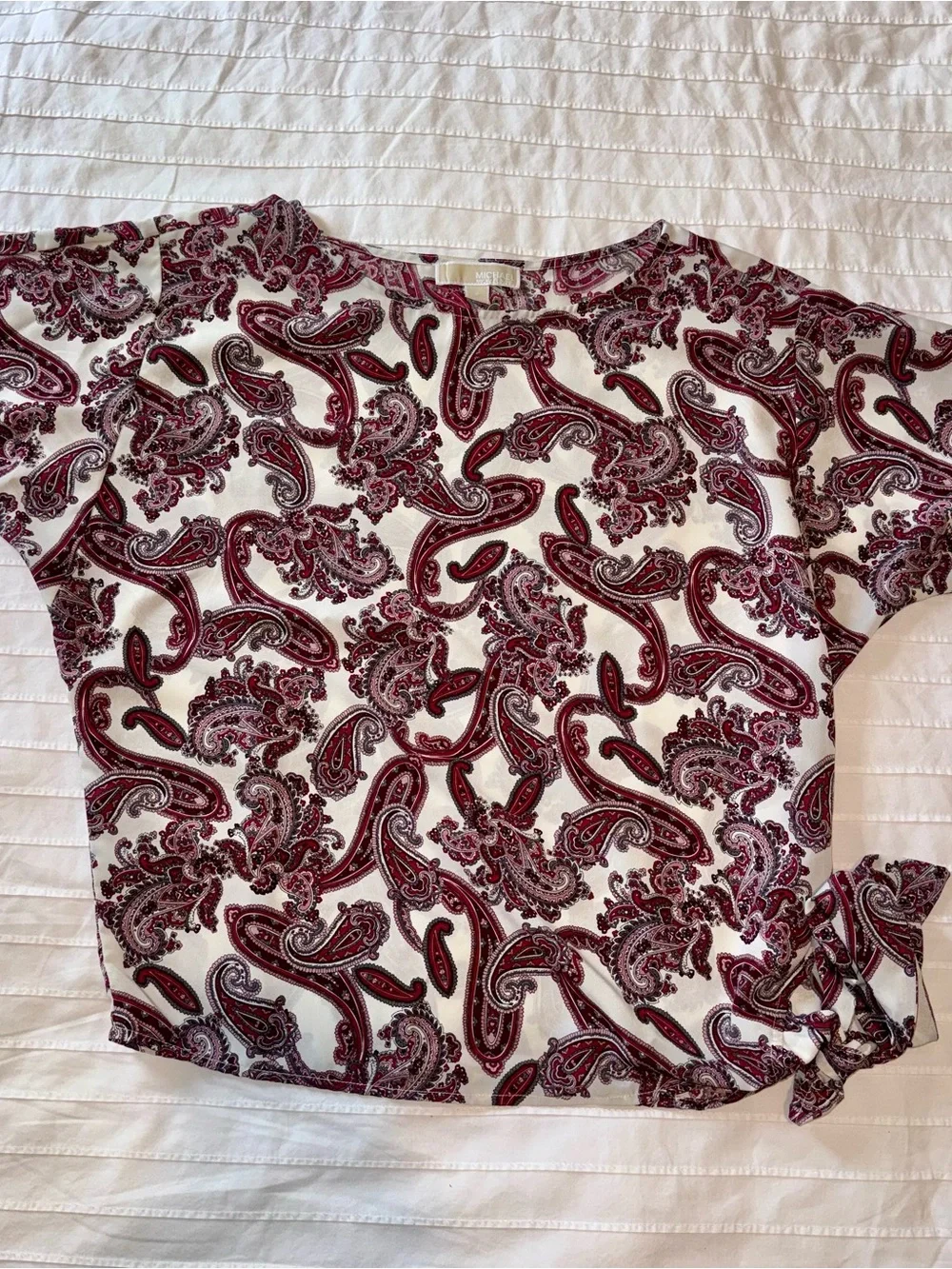 Michael Kors White and Burgundy Paisley Tie-Hem Blouse